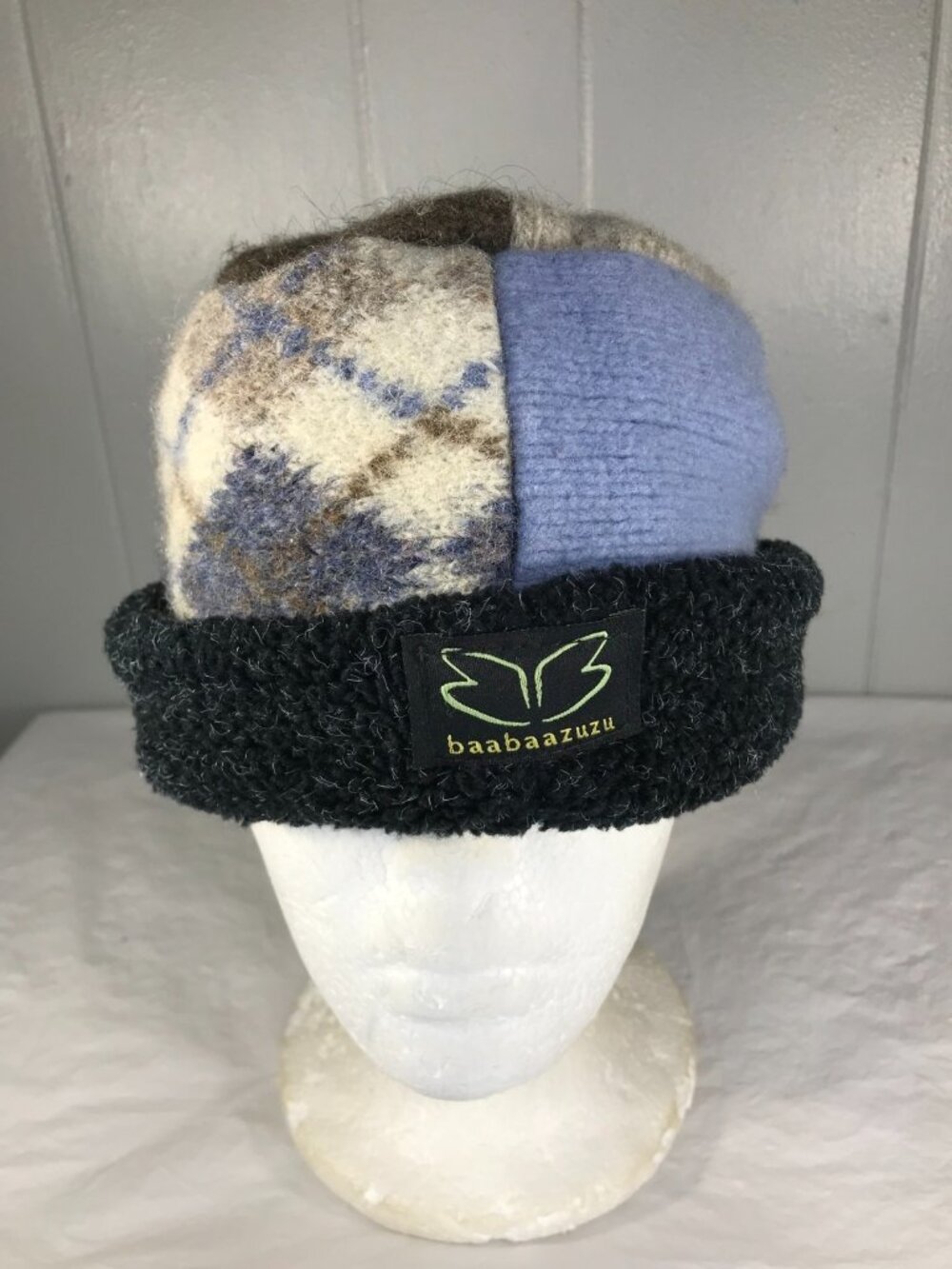Baabaazuzu Rolled Pillbox Winter Hat Patchwork Recycled Upcycle Fleece Wool